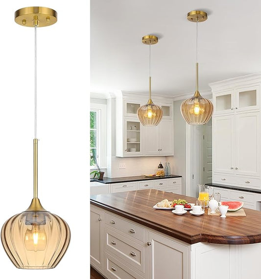 7 Inch Amber Glass Pendant Lights Kitchen Island, Modern Adjustable Pendant Light Fixtures Vintage Gold Ceiling Hanging Lamp for Dining Room Bathroom Bedroom