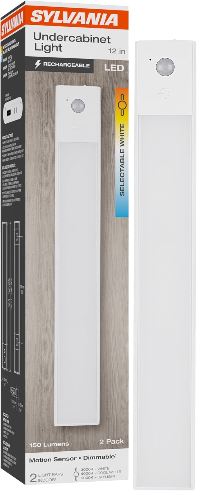 SYLVANIA 12" Under Cabinet Lighting with 2200mAh Rechargeable Battery, LED Motion Sensor, 3 Color Selectable (3000K-5000K), Closet Light/Undercounter Kitchen Light, Magnetic, Dimmable - 2 Pack (66513)