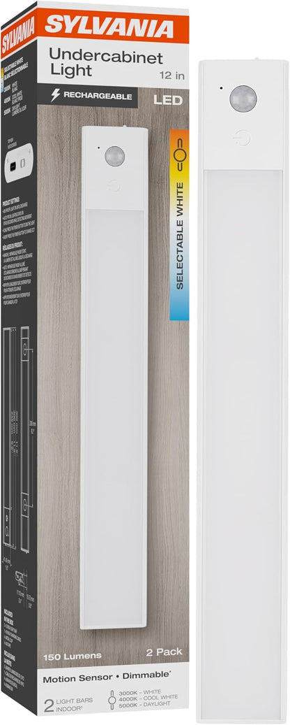 SYLVANIA 12" Under Cabinet Lighting with 2200mAh Rechargeable Battery, LED Motion Sensor, 3 Color Selectable (3000K-5000K), Closet Light/Undercounter Kitchen Light, Magnetic, Dimmable - 2 Pack (66513)