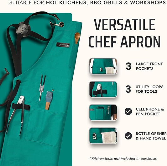 Asaya Chef and BBQ Apron with Bottle Opener and Hand Towel - 10oz Cotton Canvas, Stainless Steel Hardware - Cross Back Straps