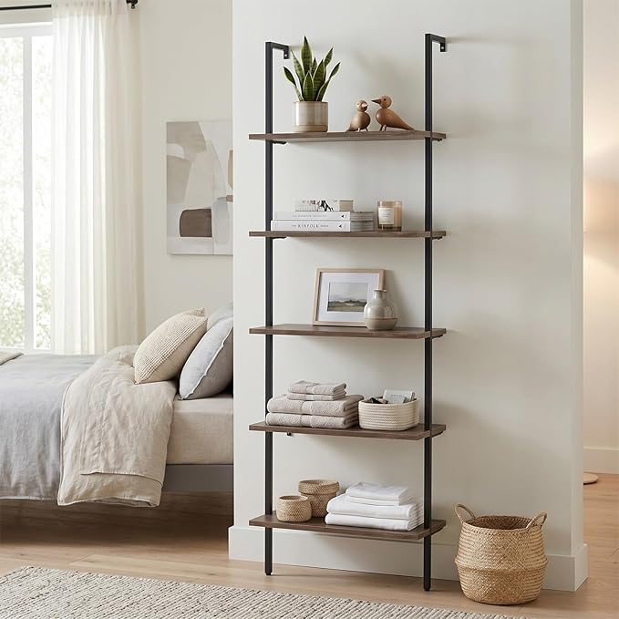 Wolawu 5 Tiers Ladder Shelf Brown Modern Bookshelf Open Tall Wall Mount Bookcase Standing Leaning Wall Shelves Industrial Decorative Living Room Bed Room