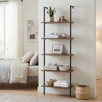 Wolawu 5 Tiers Ladder Shelf 2-Piece Black Modern Tall Bookshelf Open Large Tall Wall Mount Storage Bookcase Standing Leaning Wall Shelves Industrial Decorative (Brown)