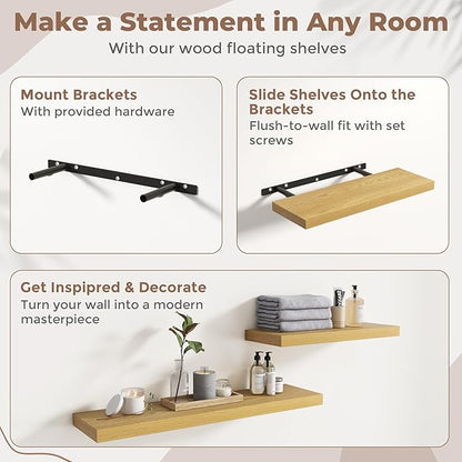 32 Inch Floating Shelves for Wall Set of 2, 8"D Wood Grain Bathroom Shelves with Invisible Brackets, Easy Install Engineered Wood Storage Shelves for Kitchen, Living Room, Bedroom, Oak Finish