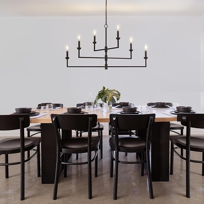 Globe Electric 67000125 6-Light Chandelier, Matte Black, 3-Tier Construction, Black Chain, Swivel Arms, Candelabra Base Bulbs, Ceiling Light Fixture, Chandeliers for Dining Room, Home Decor