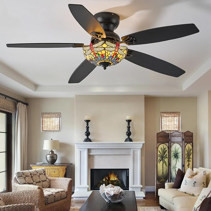 Tiffany Ceiling Fans with Lights - 52" Ceiling Fan Chandelier with 5 Dual-Blades and Glass Shade, 6 Speeds and Reversible, Indoor and Outdoor, Retro Style