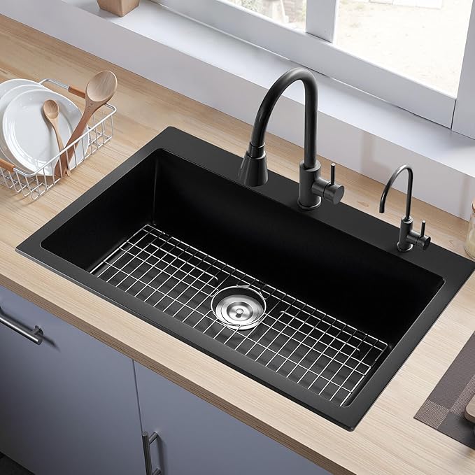 VEVOR 33 inch Kitchen Sink Workstation, Top Mount Granite Sinks, Drop-In Single Bowl Farmhouse Basin with Multiple Accessories, Household Dishwasher Sinks (22"D x 33"W x 9"H)