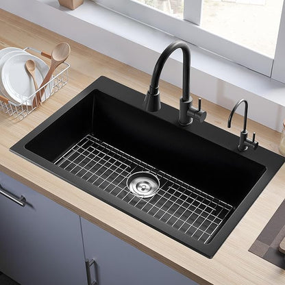 VEVOR 33 inch Kitchen Sink Workstation, Top Mount Granite Sinks, Drop-In Single Bowl Farmhouse Basin with Multiple Accessories, Household Dishwasher Sinks (22"D x 33"W x 9"H)