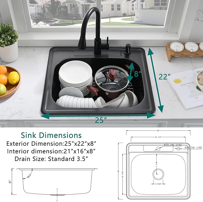 25 Inch Drop In Kitchen Sink Black-Bokaiya 25x22 Drop In Sink Black Stainless Steel 18 Gauge Single Bowl Outdoor Top Mount Kitchen Sinks with Dish Grid