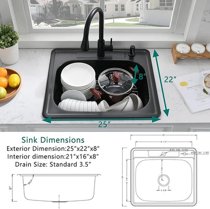 25 Inch Drop In Kitchen Sink Black-Bokaiya 25x22 Drop In Sink Black Stainless Steel 18 Gauge Single Bowl Outdoor Top Mount Kitchen Sinks with Dish Grid