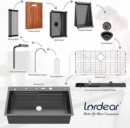Lordear Drop In Kitchen Sink, 33 inch Black Waterfall Sink 16 Gauge Stainless Steel, Above Counter Smart Kitchen Sinks, Single Bowl with Integrated Control for Powerful Cleaning