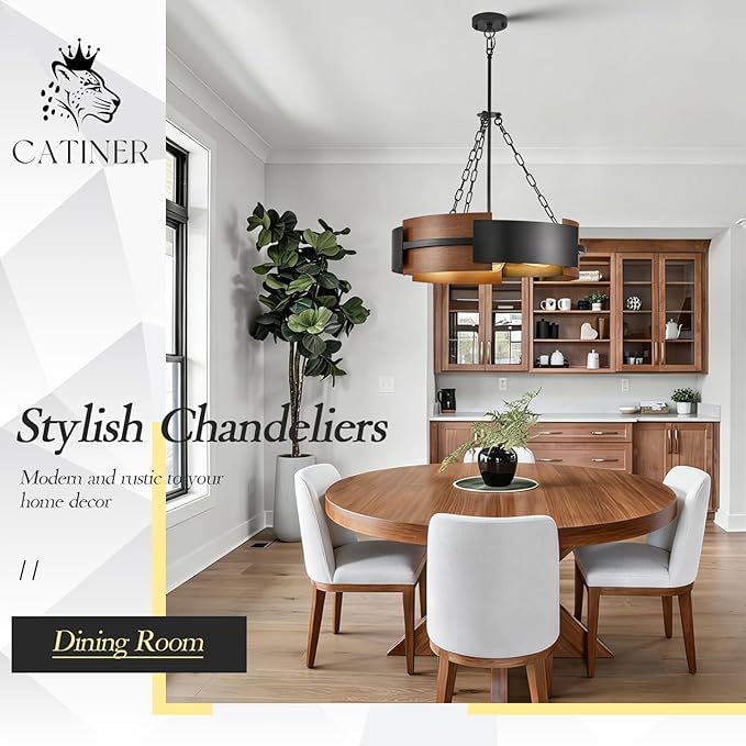 CATINER 24" Industrial Chandelier, Modern Hanging Fixture 6-Light Drum Pendant Light for Living Dining Room Foyer Entryway Kitchen, Black Metal with Red Walnut Grain Finish