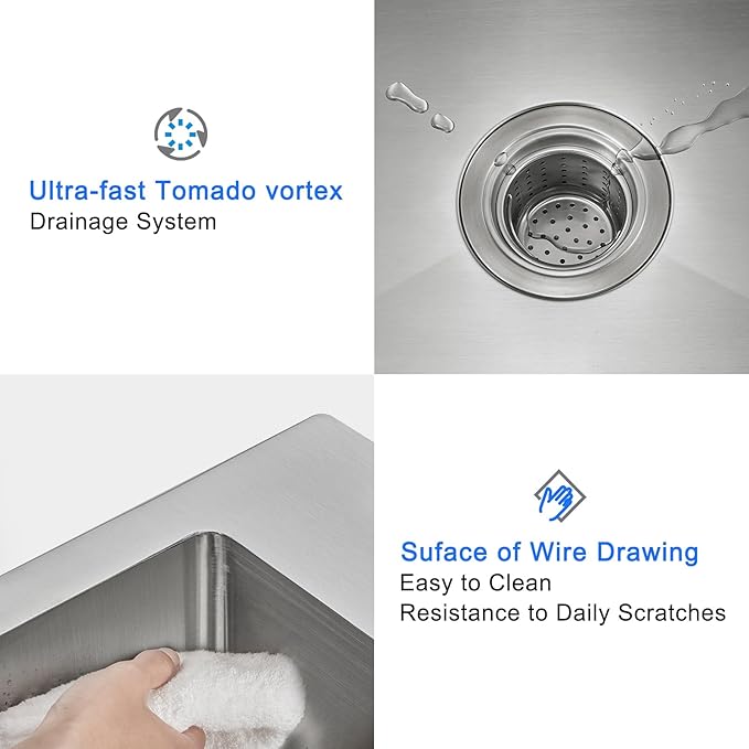 MENATT 18 inch Kitchen Sink Drop-In Brushed，304 Stainless Steel Handmade Single Faucet Hole Single Bowl Small Topmount Kitchen Bar Sink, D18" x W18" x H9"