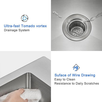 MENATT 18 inch Kitchen Sink Drop-In Brushed，304 Stainless Steel Handmade Single Faucet Hole Single Bowl Small Topmount Kitchen Bar Sink, D18" x W18" x H9"