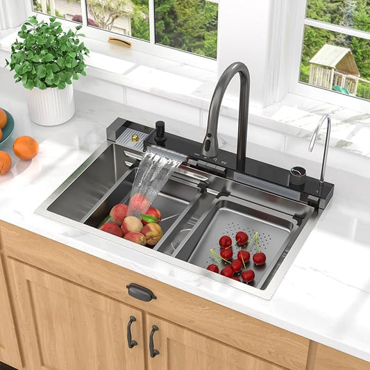 Smart Waterfall Kitchen Sink 30 Inch, Drop In Stainless Steel Single Bowl Workstation Sink with Pull-Down Faucet, Cup Washer & Multi-Function Spray #TLWF-0025
