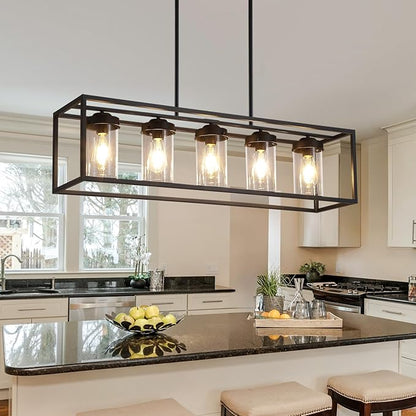 Black Farmhouse Dining Room Chandelier, Rectangular Clear Glass Pendant Light, Modern Industrial Hanging Light Fixture for Kitchen Island