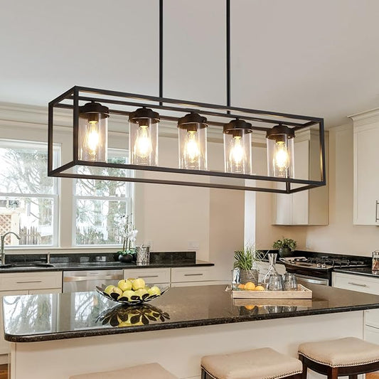 Black Farmhouse Dining Room Chandelier, Rectangular Clear Glass Pendant Light, Modern Industrial Hanging Light Fixture for Kitchen Island