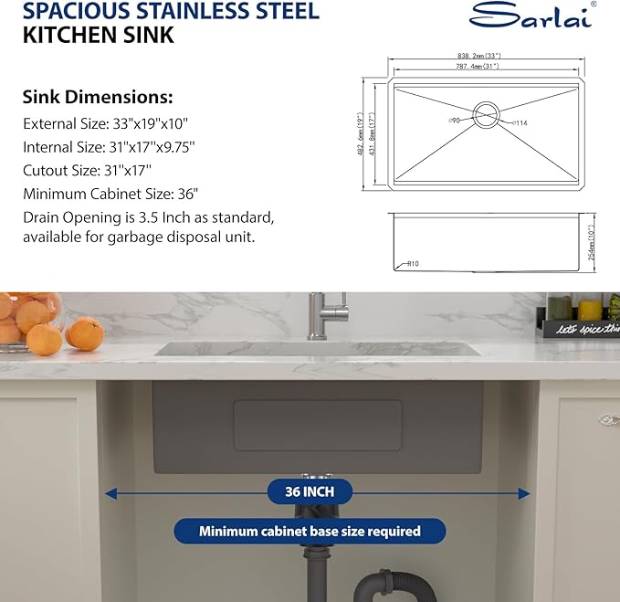 Sarlai 33 Matte Black Undermount Kitchen Sink Workstation - 33x19 Inch Kitchen Sinks with Ledge NANO-Tech Round Corner 16 Gauge Stainless Steel Single Bowl Sink Basin