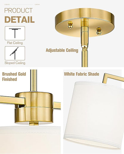 Emak Modern 3-Light Dining Room Light Fixtures Over Table, 34 Inch Linear Chandelier with White Linen Drum Shade, Brushed Gold Island Lights for Kitchen, Dining Room, Bar, IL128-BGD-WF-3