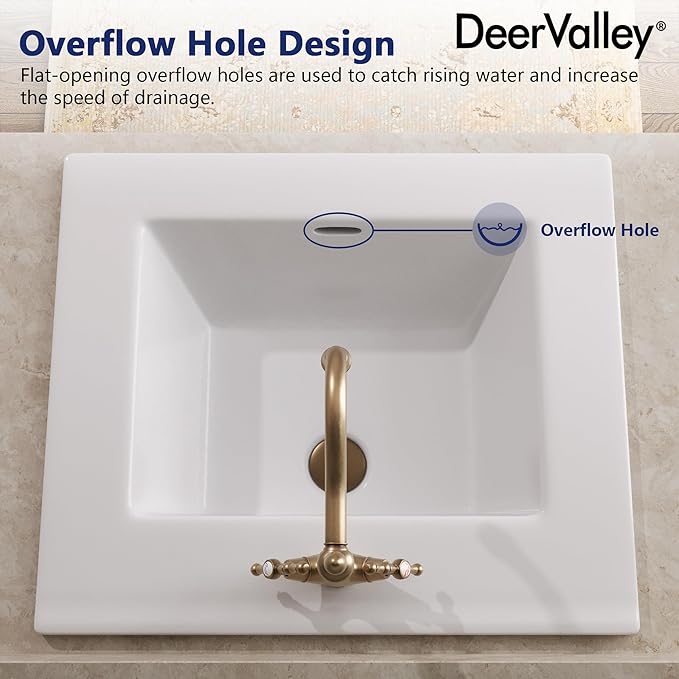 DeerValley Rectangle Drop-In Bathroom Sink 21x18 Inch, White Ceramic Vessel with Overflow and Pre-Drilled Faucet Hole