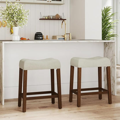 Giantex 24" Bar Stools Set of 4, Upholstered Counter Height Saddle Bar Stools with Footrest and Wood Legs, Farmhouse Button Tufted Backless Barstools for Kitchen Island, Dining Room, Cafe, Beige+Brown