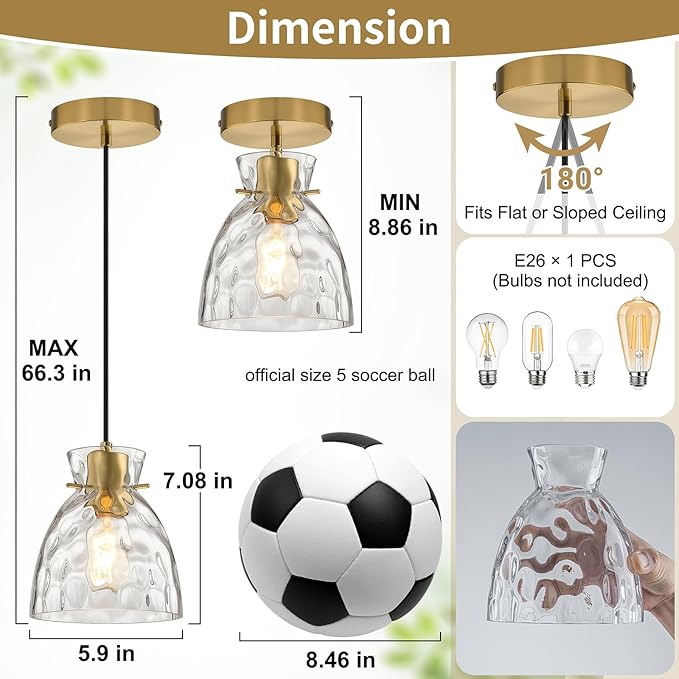 5.9” Mini Black Gold Pendant Lights Kitchen Island Lighting, Single Brass Hammered Glass Pendant Light Fixtures, Adjustable Modern Hanging Lights Kitchen Pendant Lighting over Island Sink Bathroom