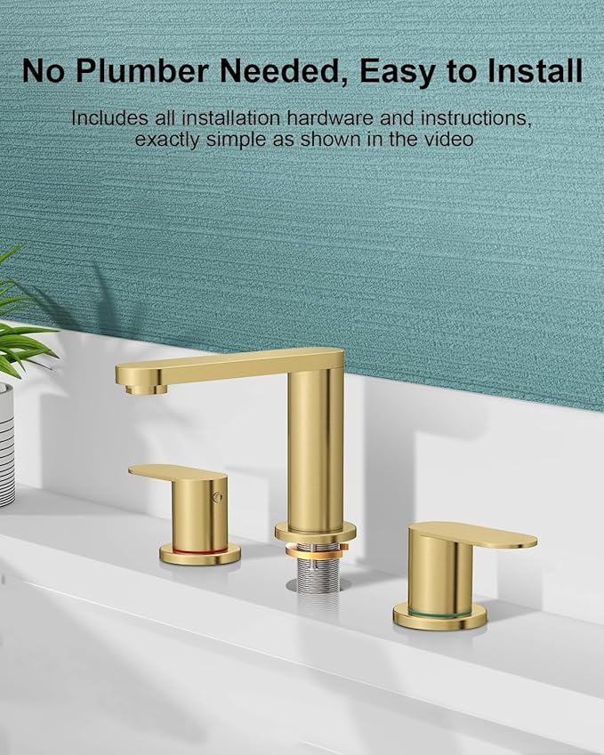BWE 2 Pack Brushed Gold Bathroom Faucet 3 Hole, 8 Inch Widespread Gold Bathroom Faucets with Pop-up Drain and Supply Lines, 360° Swivel Spout 2-Handle Sink Faucet for Bath Vanity