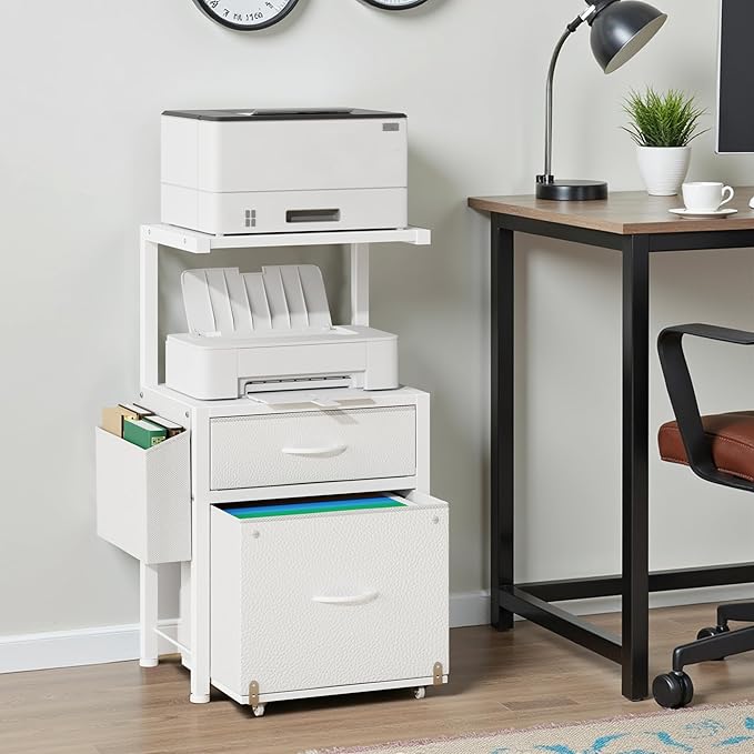 HIGDBFE 2-Drawer File Cabinet, Filing Cabinet with 2-Tier Printer Shelves, Office Cabinets with Side Bag&File Drawer for A4/Letter Size, Printer Stand with Storage for Home Office, White, 16.5" W