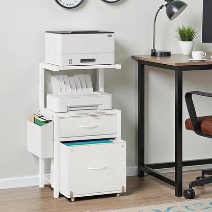 HIGDBFE 2-Drawer File Cabinet, Filing Cabinet with 2-Tier Printer Shelves, Office Cabinets with Side Bag&File Drawer for A4/Letter Size, Printer Stand with Storage for Home Office, White, 16.5" W