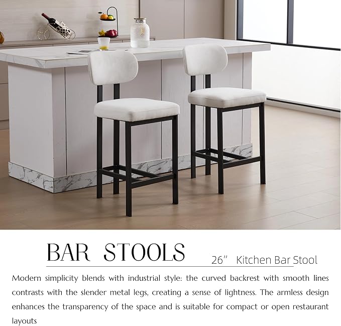 Modern Dining Chairs Set of 2, 26 inch Upholstered Fabric Counter Height Barstools with Sturdy Metal Legs, Stylish Simple Natural Kitchen Island Chairs for Versatile Use,Cream-Fabric-Foam-Me