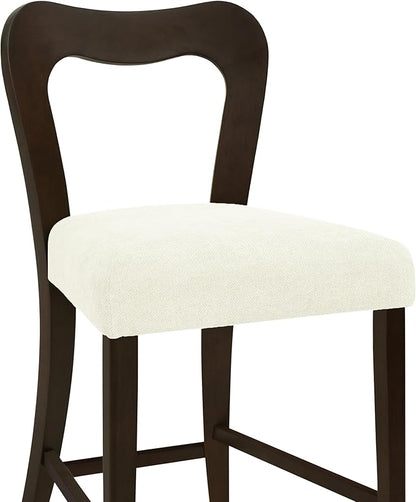 Counter Stools Without Arms Set of 2 (Dark Brown + Beige) - Solid Rubberwood Frame & Fabric Seat, Ergonomic Curved Back, 300LBS Capacity for Kitchen Island, Dining Room, Home Bar