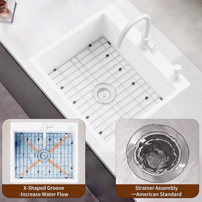 White Stainless Steel Kitchen Sink - 25x22 Inch Single Bowl Topmount With Sink Grid and Drain Assembly - Clean & Bright Bar Sink to Enhance Aesthetic Appeal of Modern Kitchen