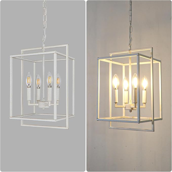 4-Light Farmhouse Chandelier, Rustic Lantern Foyer Lighting Fixtures, Adjustable Metal Antique White Hanging Pendant Light for Dining Room Entryway Kitchen Island Staircase