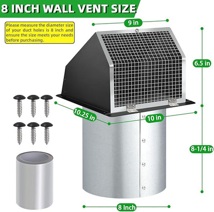8 Inch Wall Vent Hood Wall Exhaust Vent Cover Outdoor Hooded Wall Vent with Screen and Damper,Wall Vent Cover Cap Exterior Air Exhaust for Kitchen Range Hood HVAC Duct Dryer Vent,Galvanized Steel