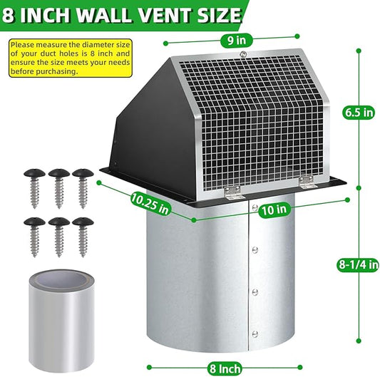 8 Inch Wall Vent Hood Wall Exhaust Vent Cover Outdoor Hooded Wall Vent with Screen and Damper,Wall Vent Cover Cap Exterior Air Exhaust for Kitchen Range Hood HVAC Duct Dryer Vent,Galvanized Steel