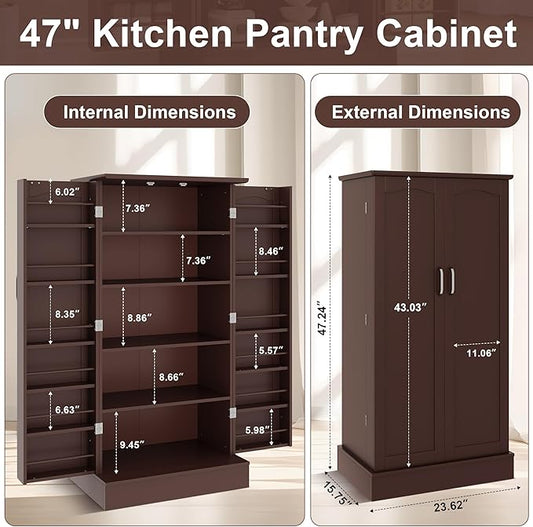 kepptory 47” Pantry Cabinet, Kitchen Pantry Storage Cabinet with Doors & Adjustable Shelves, Brown Freestanding Buffet Cupboards Sideboard for Living Room and Dinning Room, Sturdy and Durable