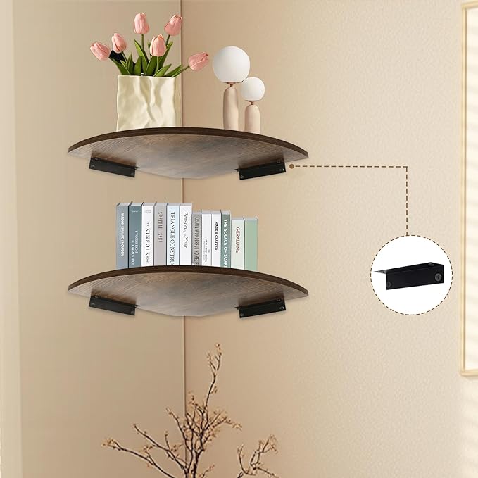 JJL Corner Shelves, 12 Inch Deep Corner Shelf Wall Mounted with Wire Hole, 4 Tier Circular arc Corner Hanging Shelving for Wall Storage, for Speaker, Cable Box, Rust Brown