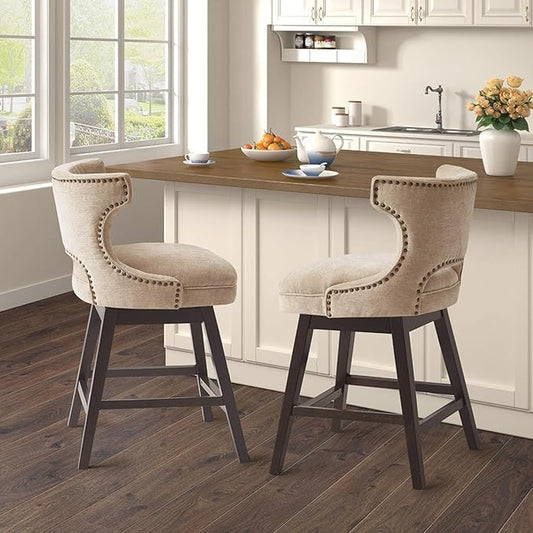 Madison Park Emmett Swivel Counter Stool - Chic Modern, Scoop Back, Counter Height Barstool, Kitchen Island Chair, Solid Wood Legs, Silver Nailhead Accent, Assembly Required, 37" High Beige