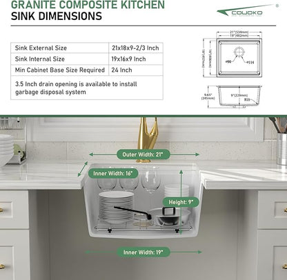 21 Inch White Undermount Bar Sink 21x18 Undermount Bar Sink Mini Wet Bar White Quartz Granite Composite Small Kitchen RV Sinks Single Bowl Outdoor Island Basin with Cutting Board