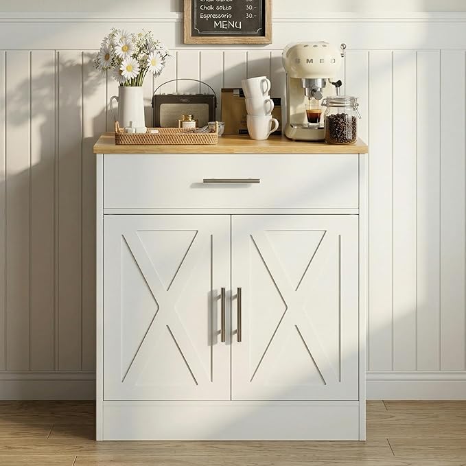 SUNLEI Coffee Bar Cabinet, Wooden Storage Cabinet with 2 Doors and 1 Drawers, Adjustable Shelf, Modern Farmhouse Kitchen Buffet Sideboard Cabinet with Storage for Kitchen, Rustic White&Yellow