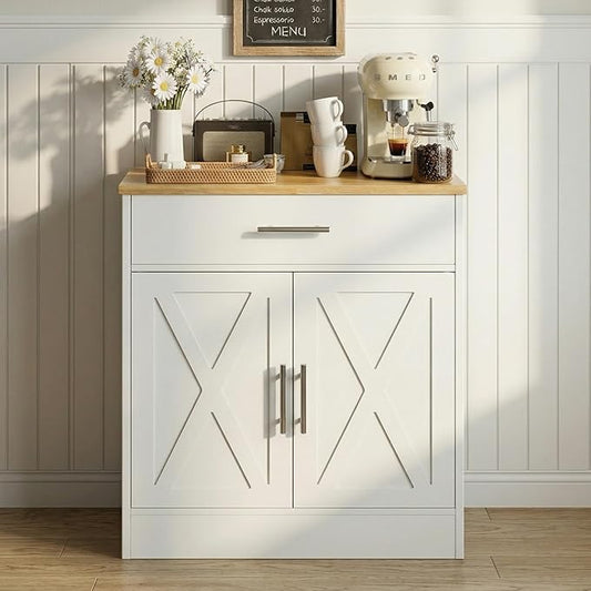 SUNLEI Coffee Bar Cabinet, Wooden Storage Cabinet with 2 Doors and 1 Drawers, Adjustable Shelf, Modern Farmhouse Kitchen Buffet Sideboard Cabinet with Storage for Kitchen, Rustic White&Yellow