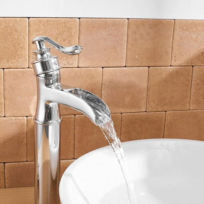 BWE Vessel Sink Faucet Chrome Polished Waterfall Spout Tall Body Single Hole with Brass Pop Up Drain Assembly Without Overflow Bathroom Lavatory Vanity Faucets Commercial
