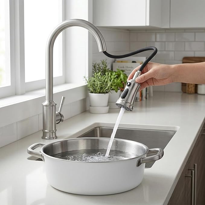 Brushed Nickel Kitchen Faucet with Pull Down Sprayer, Vintage 3 Mode Sprayer Kitchen Sink Faucet for Praticial Use, Antique Farmhouse Style, Deck Mount
