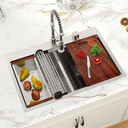 33-inch Drop In Kitchen Sink - Double Bowl 50/50 Multifunctional Workstation Kitchen Sink, 304 Stainless Steel 16 Gauge Above Counter Deep Sinks for Kitchen with Mixing Bowl, 33''x22''x10''
