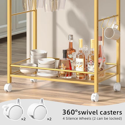 Joaxswe Bar Cart, Home Bar Serving Cart with 2-Tier Shelf,Rolling Beverage Cart with Wheels,Mobile Kitchen Shelf,Modern Wine Drink Cart with Wine Rack and Glass Holder for Kitchen,Dinning Room,Gold