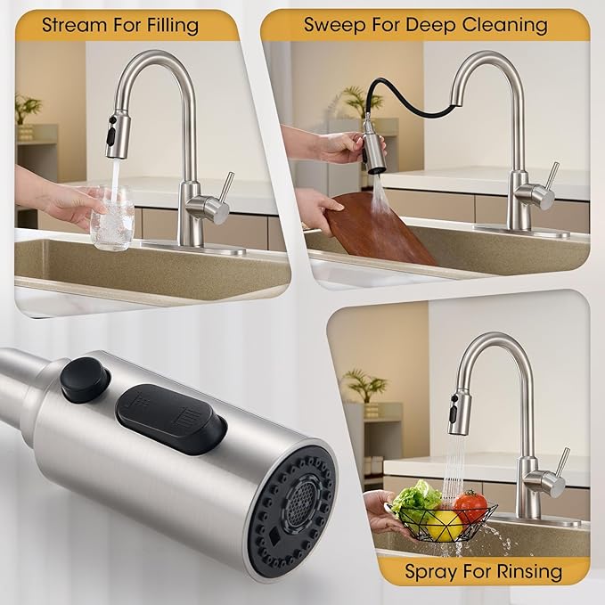 Kitchen Faucet with Pull Down Sprayer, High Arc Single Handle Brushed Nickel Stainless Steel 1 or 3 Hole Faucet for Kitchen Sink, Farmhouse, RV, Laundry, Bar, Outdoor
