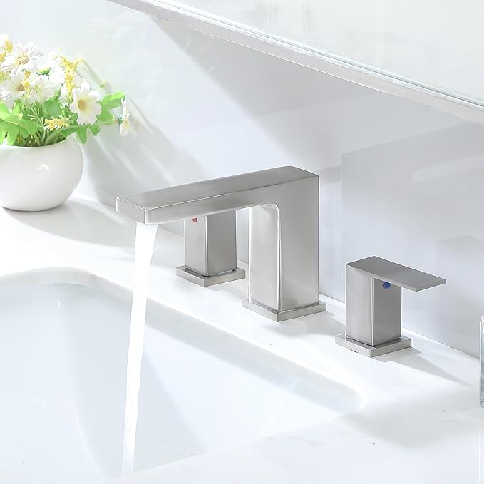 VC CUCINE Brushed Nickel 3 Hole Bathroom Faucet, 2 Handles, 8 Inch, Modern Vanity Sink Faucet with Drain and Supply Lines