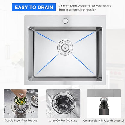 MENATT 22x18 Inch Drop in Kitchen Sink, 304 Stainless Steel Single Bowl with Bottom Grid Mat, Sound Proof & Anti-Condensation Coating, X-Shape Fast Drain, Deep 9" Basin for Compact Kitchen, Bar, RV