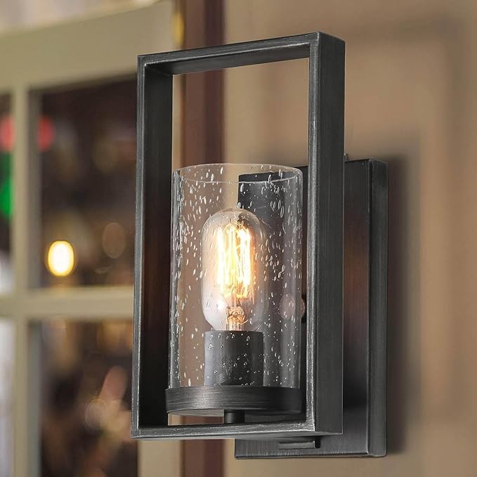 Wall Sconces Lighting, 1-Light Bathroom Vanity Wall Light Fixtures with Seeded Glass, Rustic Wall Sconce Lights for Bedroom, Living Room, Brushed Aged Silver Finish