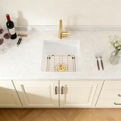 White Bar Sink 18 x 14 Inch, White Granite Composite Undermount Kitchen Sinks, 18 Inch Quartz Stone Kitchen Sink With Gold Sink Drain Assembly and Gold Sink Bottom Grid
