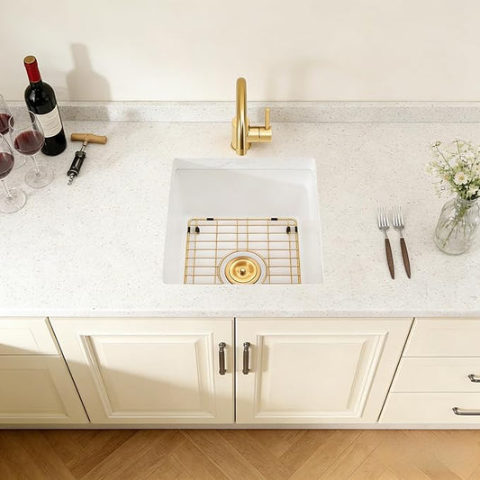 White Bar Sink 18 x 14 Inch, White Granite Composite Undermount Kitchen Sinks, 18 Inch Quartz Stone Kitchen Sink With Gold Sink Drain Assembly and Gold Sink Bottom Grid